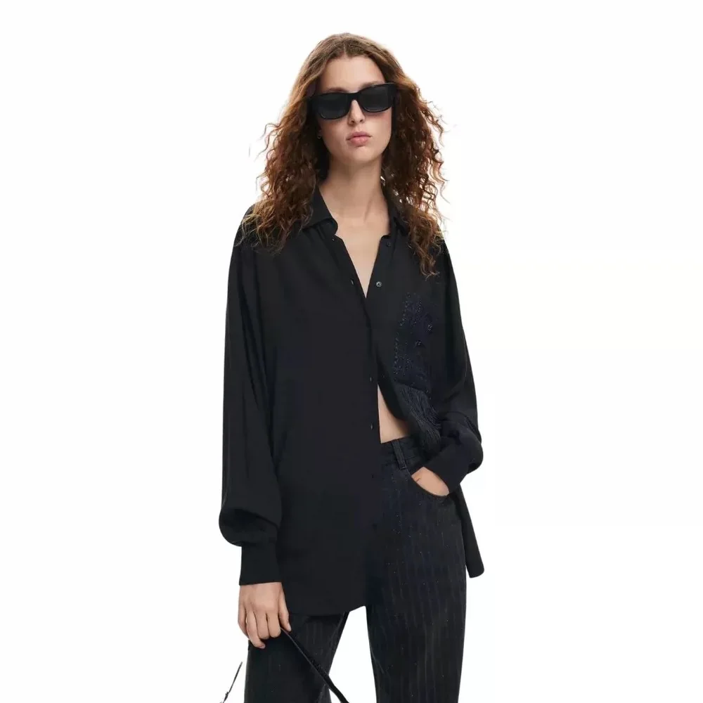 

European, American, Spanish original loose print embroidered black shirt, lightweight and fashionable