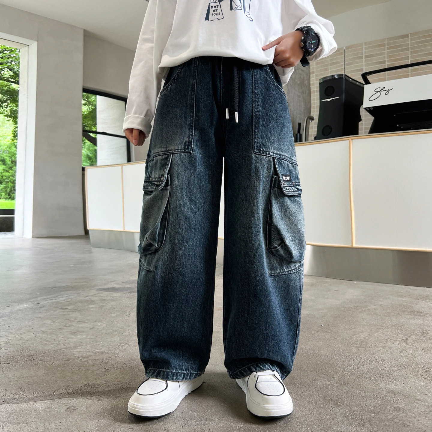 Brief Style Kids Boys Patchwork Baggy Jeans With Side Pocket Age 5-14 Year Old Child Fashion Relaxed Fit Denim Cargo Pants