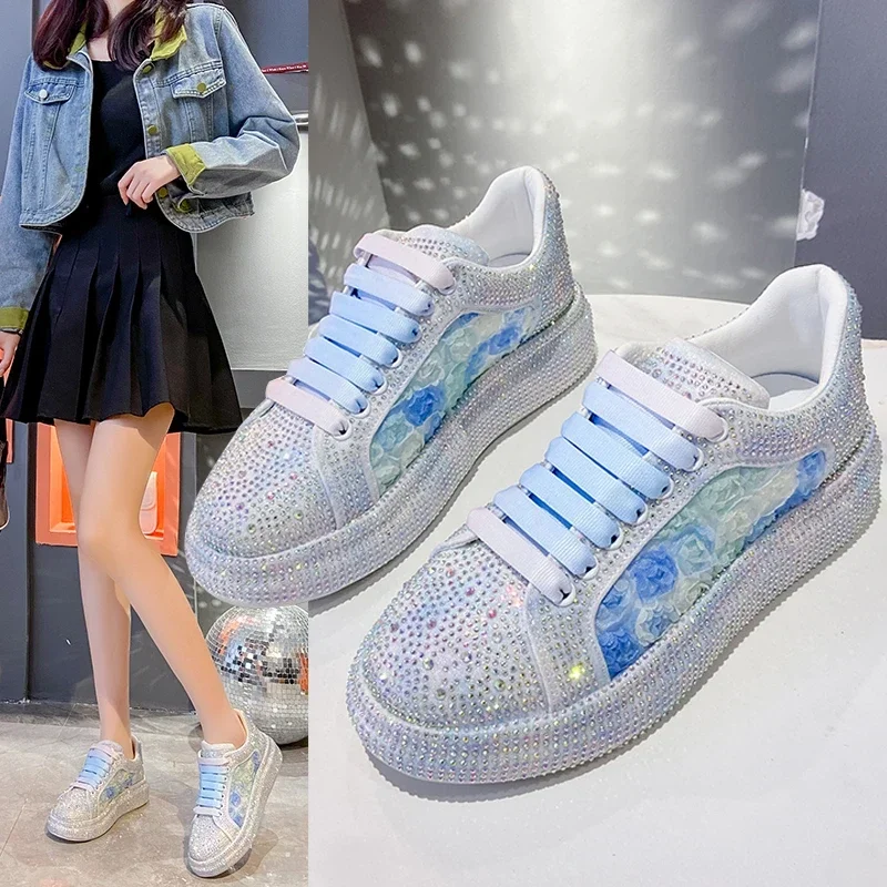 2024 Summer Spring Women Shoes New Style Fashion Pink Platform Shoes Ins Platforms Sneakers Tide Shine Bling Rhinestone Shoes