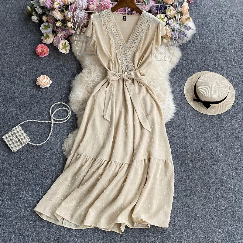 Sommer elegantes langes Kleid für Frauen Spitze Patchwork fliegende Ärmel Midi Schnürung Party Abend Vestidos Tupfen Boho Tarf neu in