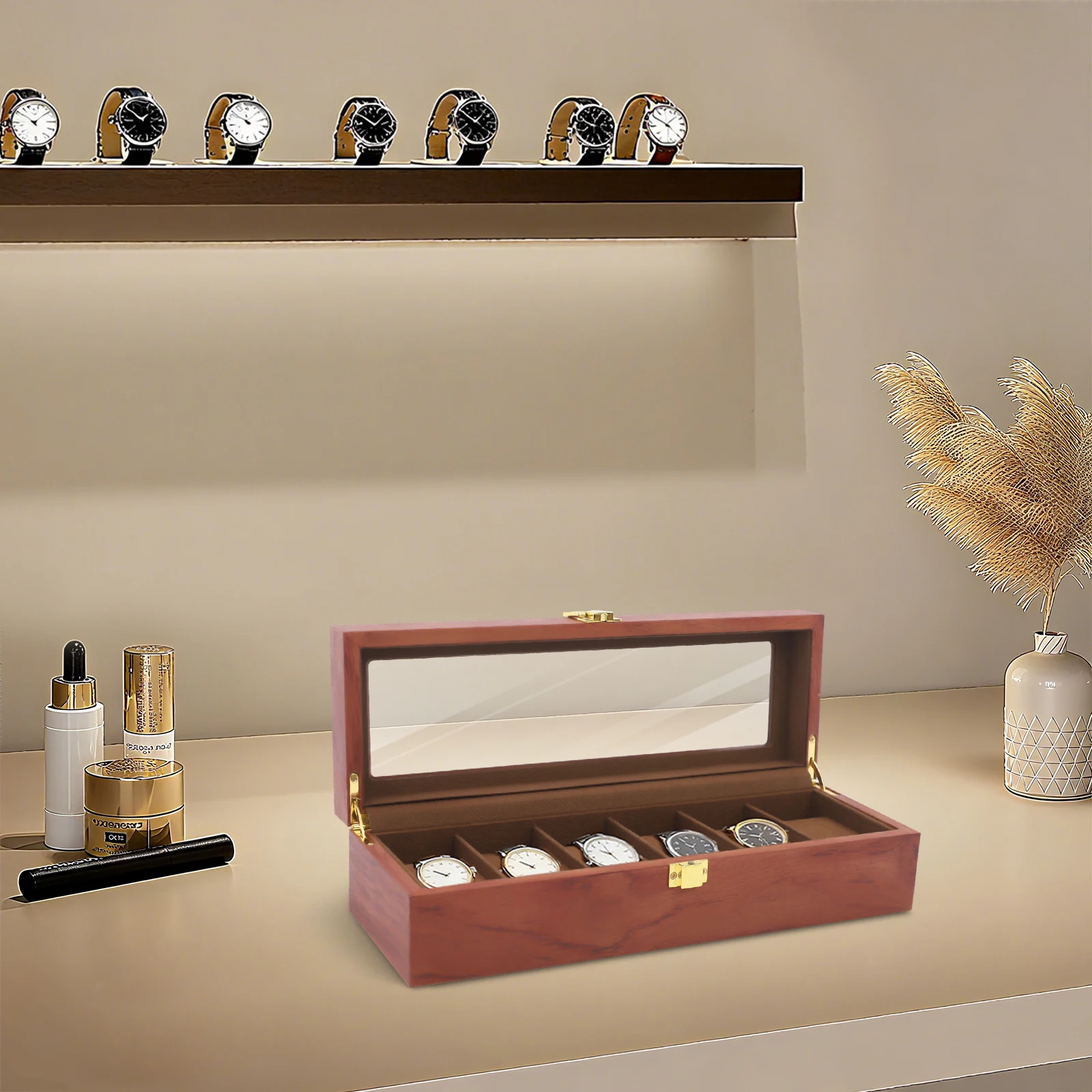 

Solid Wood Watch Box with 6 Compartments, Mahogany Red Finish | Spacious Rectangular Design | Perfect for Watch Storage, Display