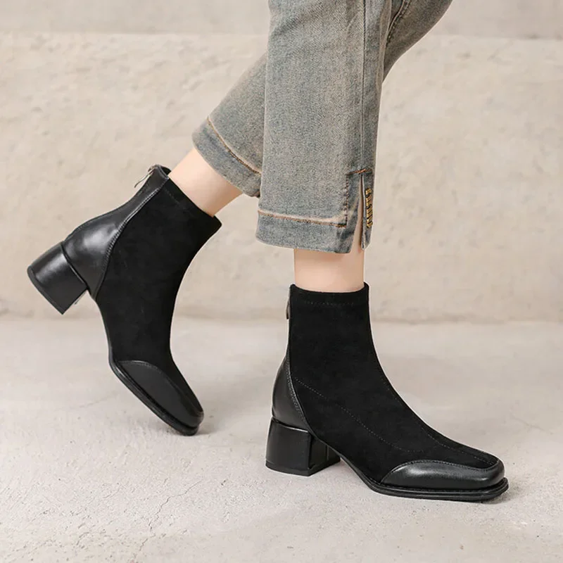 

Phoentin Elegant Velvet Ankle Boots Square Toe Patchwork Back Zip Closure Medium Heels 2024 Autumn Female Shoes Plus Size FT3749