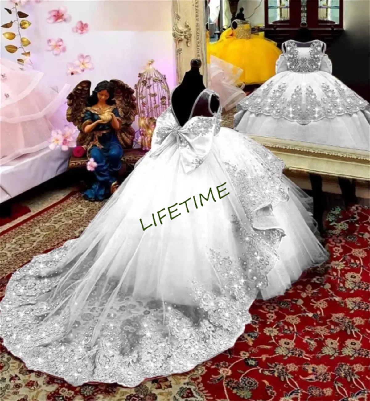 Vestidos de niña de flores de boda rosas personalizados 2024 vestido de fiesta de cumpleaños para niñas pequeñas vestido de desfile de princesa de encaje con cuentas Cus