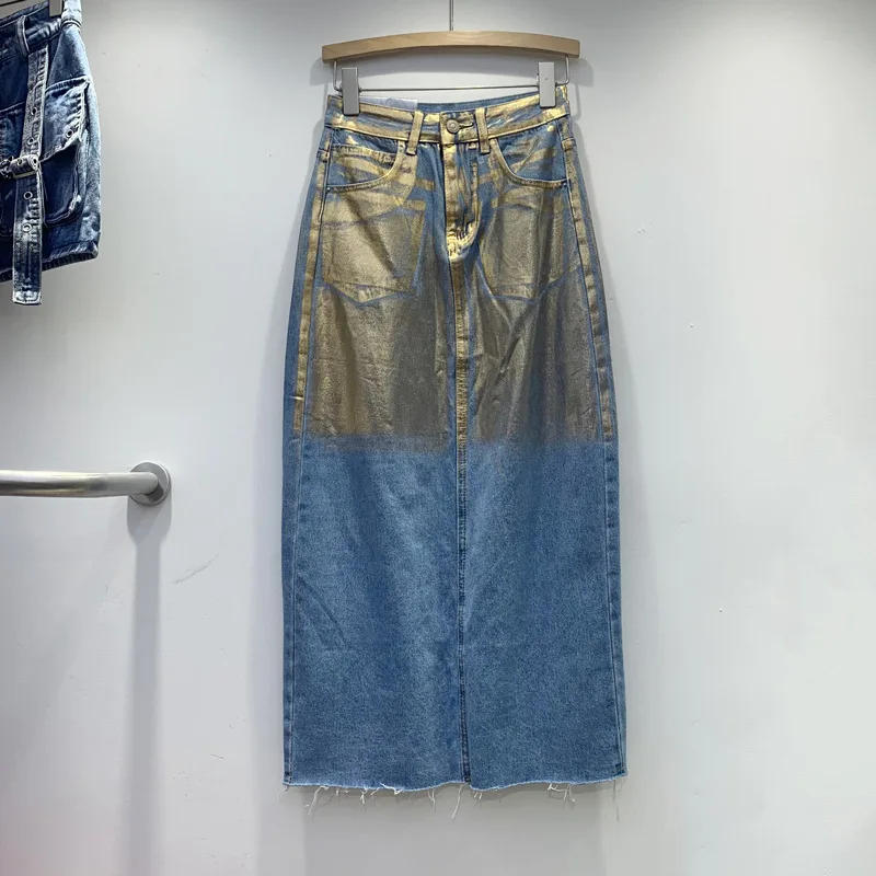 Women's Denim Skirt High Waist Hand-painted Gilded Silver Coated Split Burrs Long Skirts 2024 Summer New Fashion