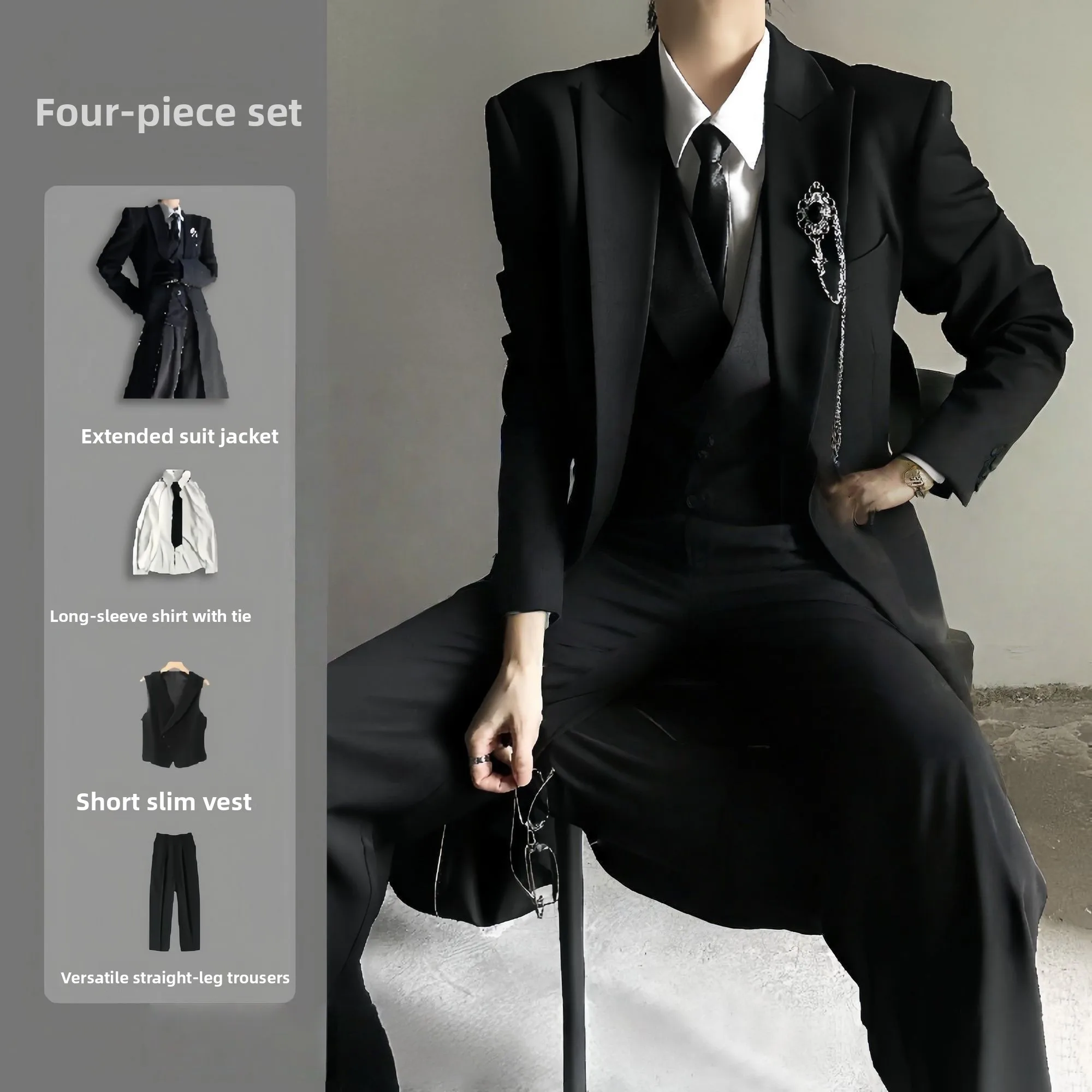 

New Chinese Style Long Tailored Coat Black Shoulder High Fashion Sensation Men's Suiting Outerwear Double Slit Autumn Wear