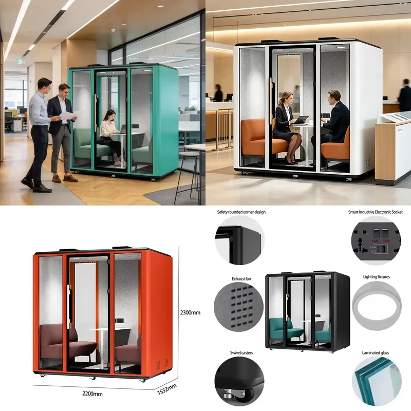 Modern Quad Silent Soundproof Room Indoor Conference Cabin Laminated Glass Office Privacy Box with Sofa and Table