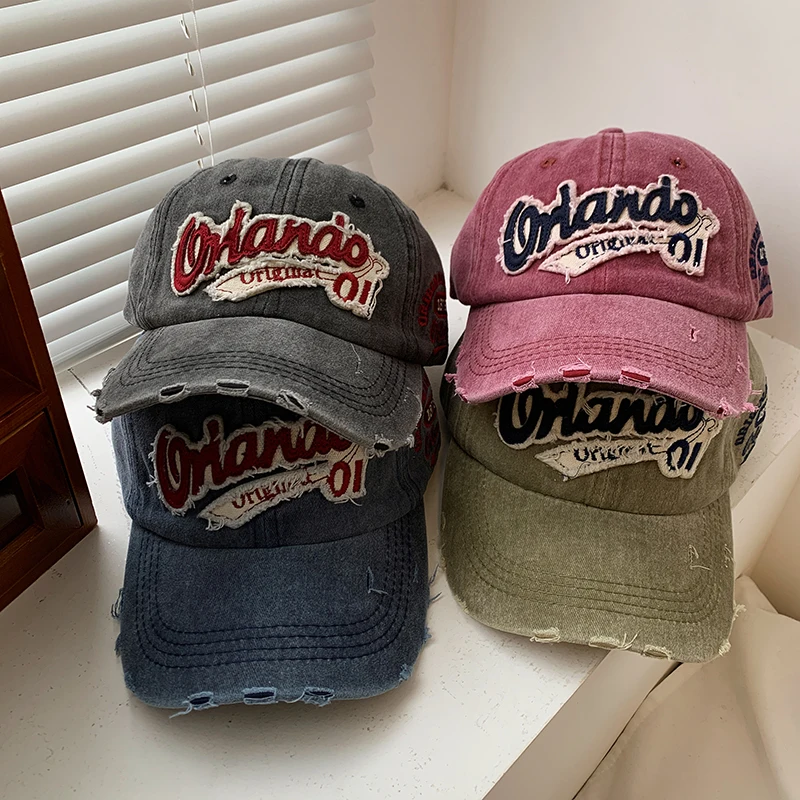 Gorra de béisbol desgastada Retro americana para mujer, con cabeza grande, con agujero lavado al agua, ala ancha vaquera, visera, sombrero pequeño