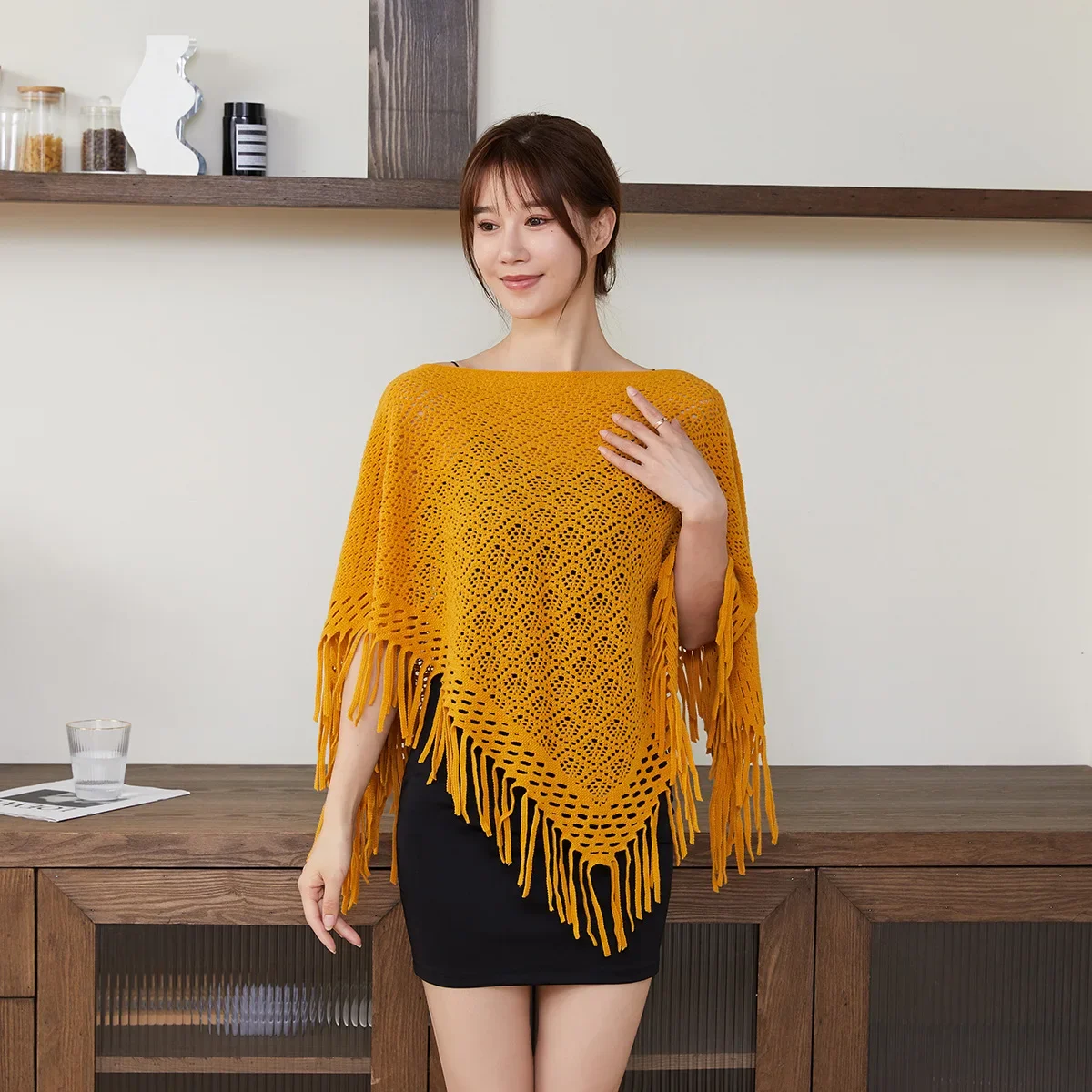 Spring Summer Womens Hollowed-out Fringe Coat Shawl Cape Scarf