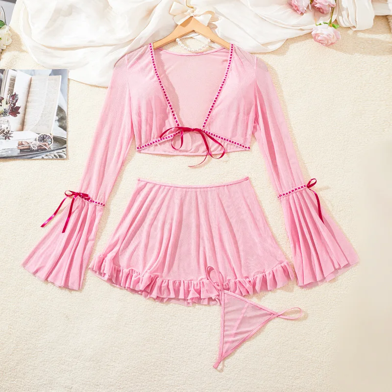 

Fairy Lingerie Set Pink Tulle Transparent Underwear Long Sleeve Crop Top Mini Skirt G-Strings Beautiful Ruffles Sexy Lingerie