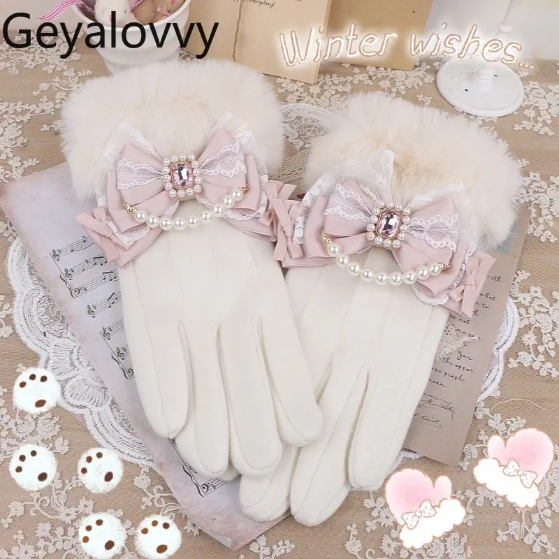 

Милые женские осенне-зимние перчатки ручной работы в японском стиле, перчатки Лолиты с кружевным бантом и стразами, украшенные бисером и сенсорным экраном