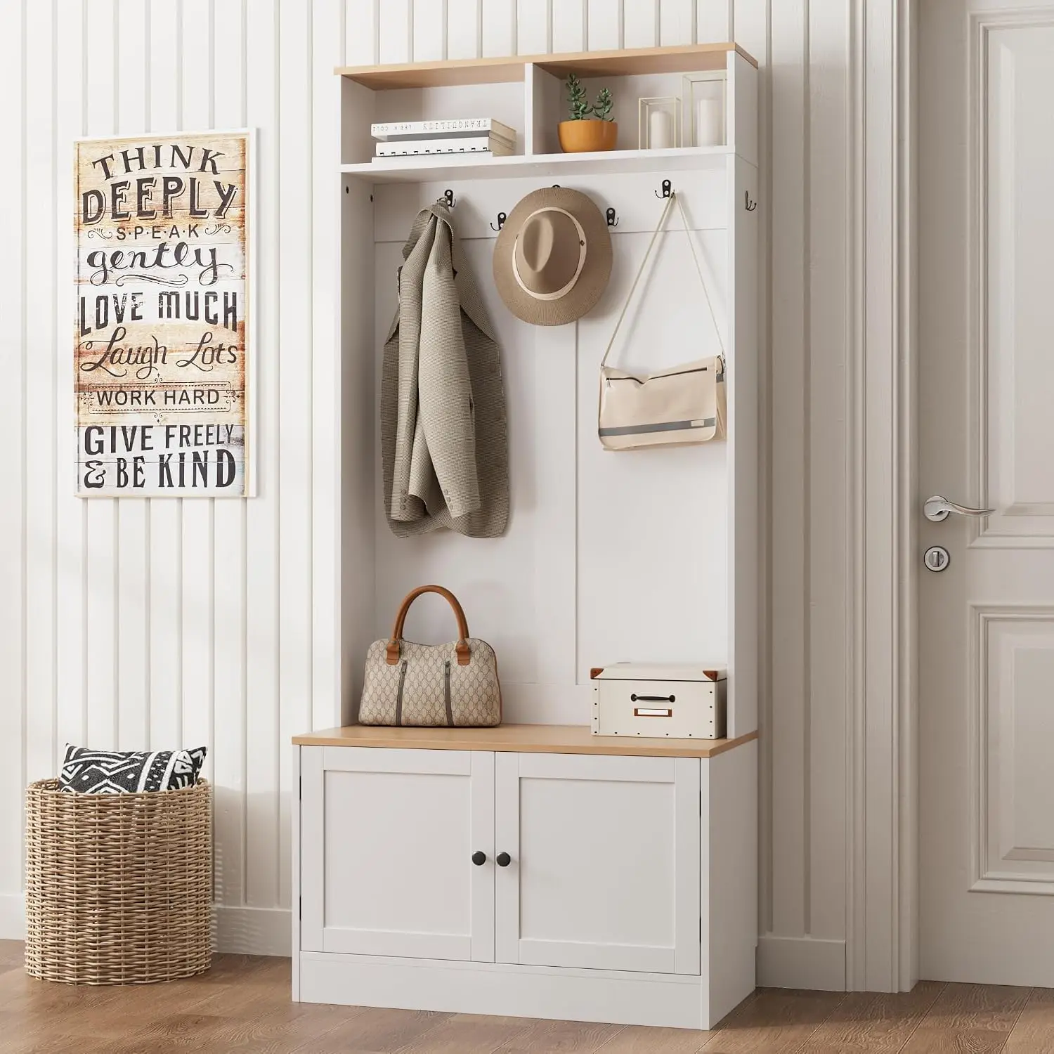 5-in-1 Hall Tree With Bench & Storage, 7-Hook Coat Rack With Shelves For Entryway, White, Customized