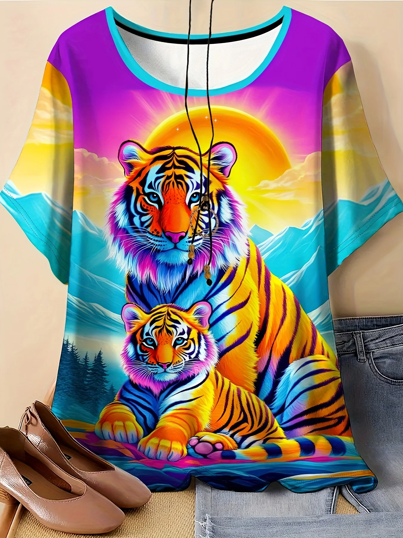 Women Short Sleeve T‑Shirt 3D Colorful Tiger Mom Cub Mountain Sunset Landscape Print Round Neck Casual Summer Top