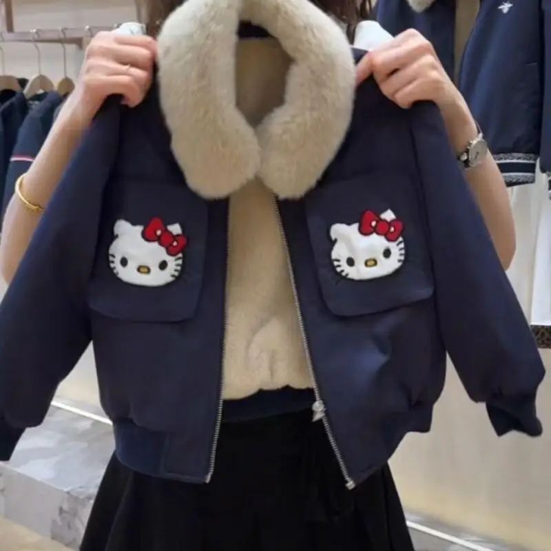 

Зимняя парка Sanrio Hello Kitty с отворотом, утепленная плюшем, для девочек среднего и большого размера, к школе, новинка 2025, в корейском стиле