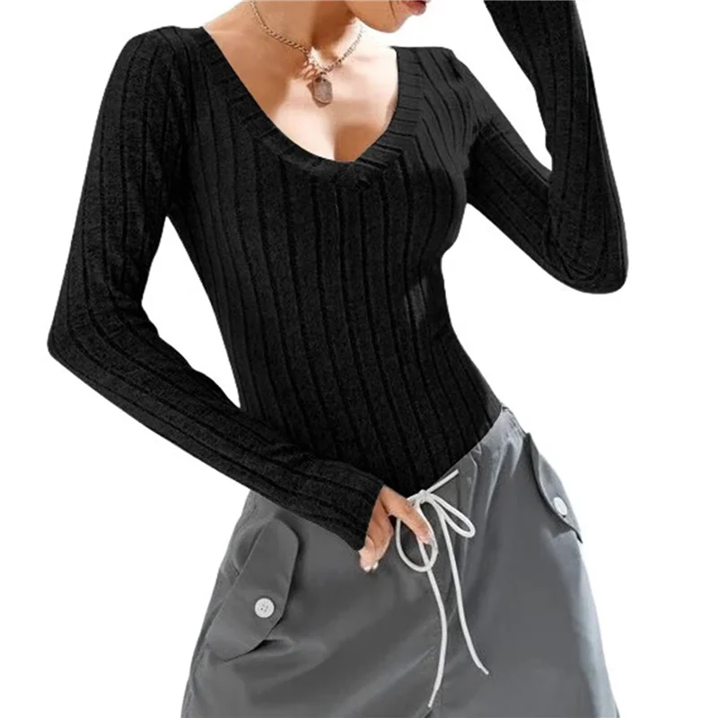 

【D75C】Женское боди с v-образным вырезом, базовые комбинезоны в рубчик с длинными рукавами, топы для женщин, осенние топы