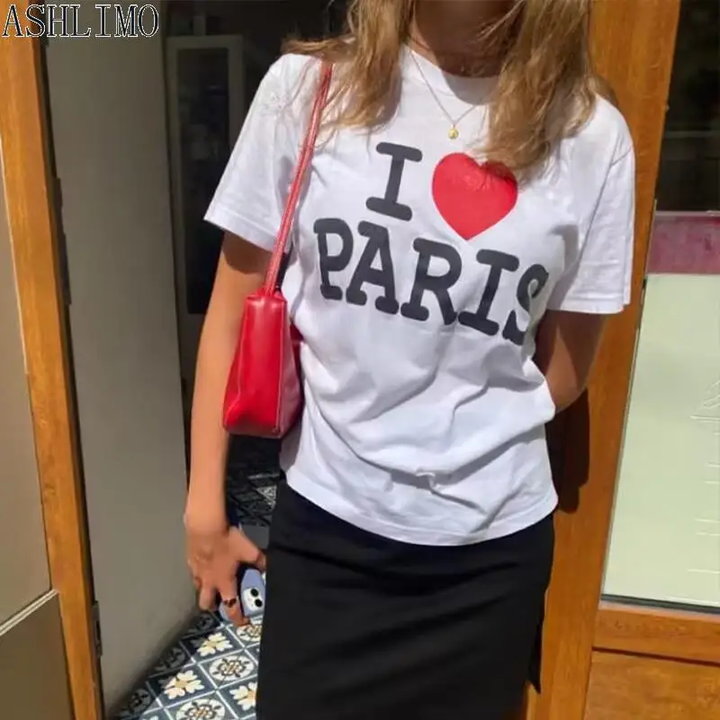 Women Funny T-shirt I Love Paris Letter Print T Shirt 2000s Y2k Aesthetic Clothes Harajuku Punk Oversize Tshirt Vintage Female