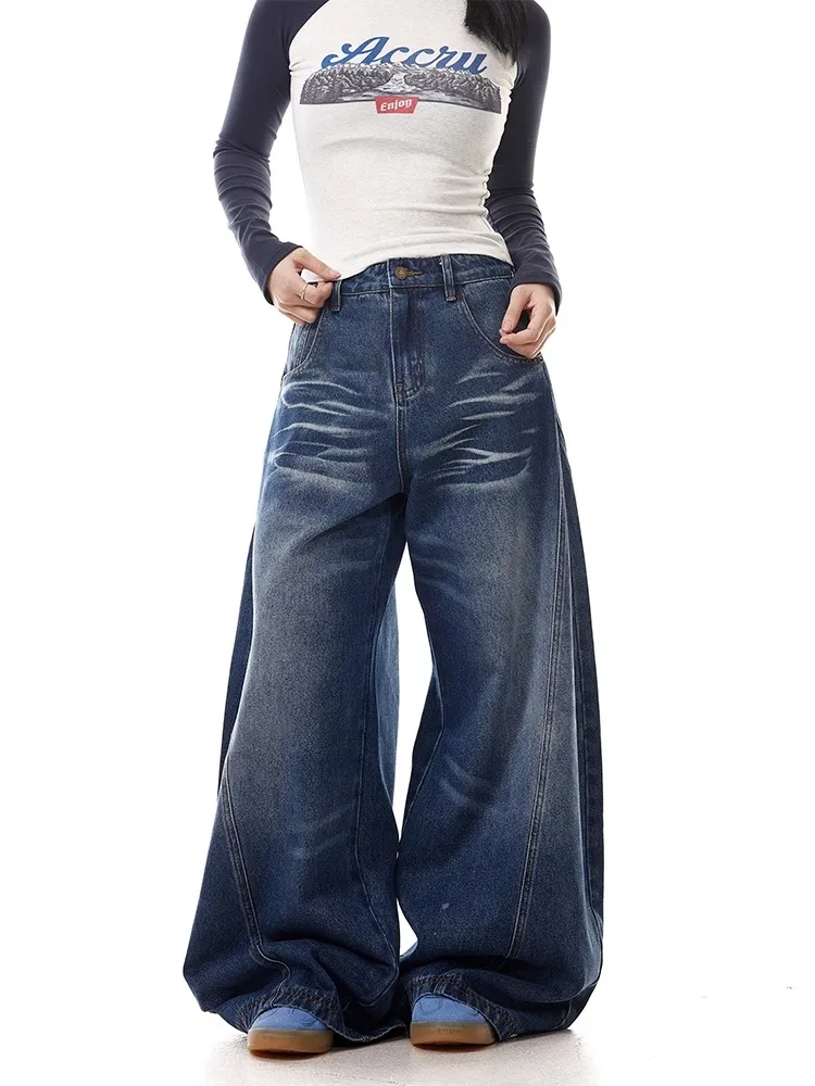 

Retro American Casual Wide Leg Jeans Men Women Loose Fit Draped Waed Blue Jeans Youthful Sle All Season Long Trousers