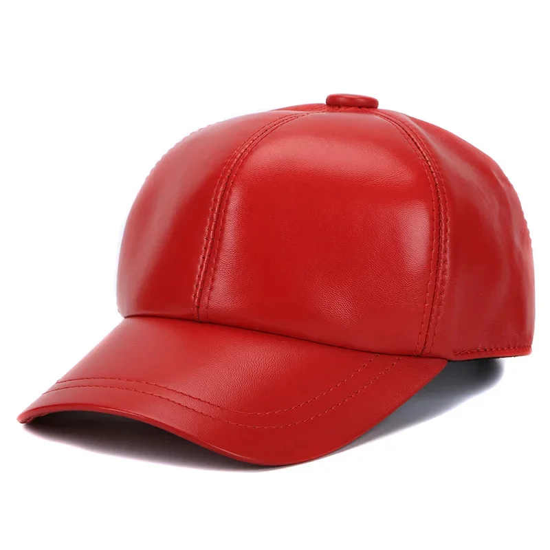 Men Genuine Leather Baseball Caps Women White/Red Simple Casual Dome Hat Male 55-58 cm Ajustable Chapeau Hockey Gorra Big Brim