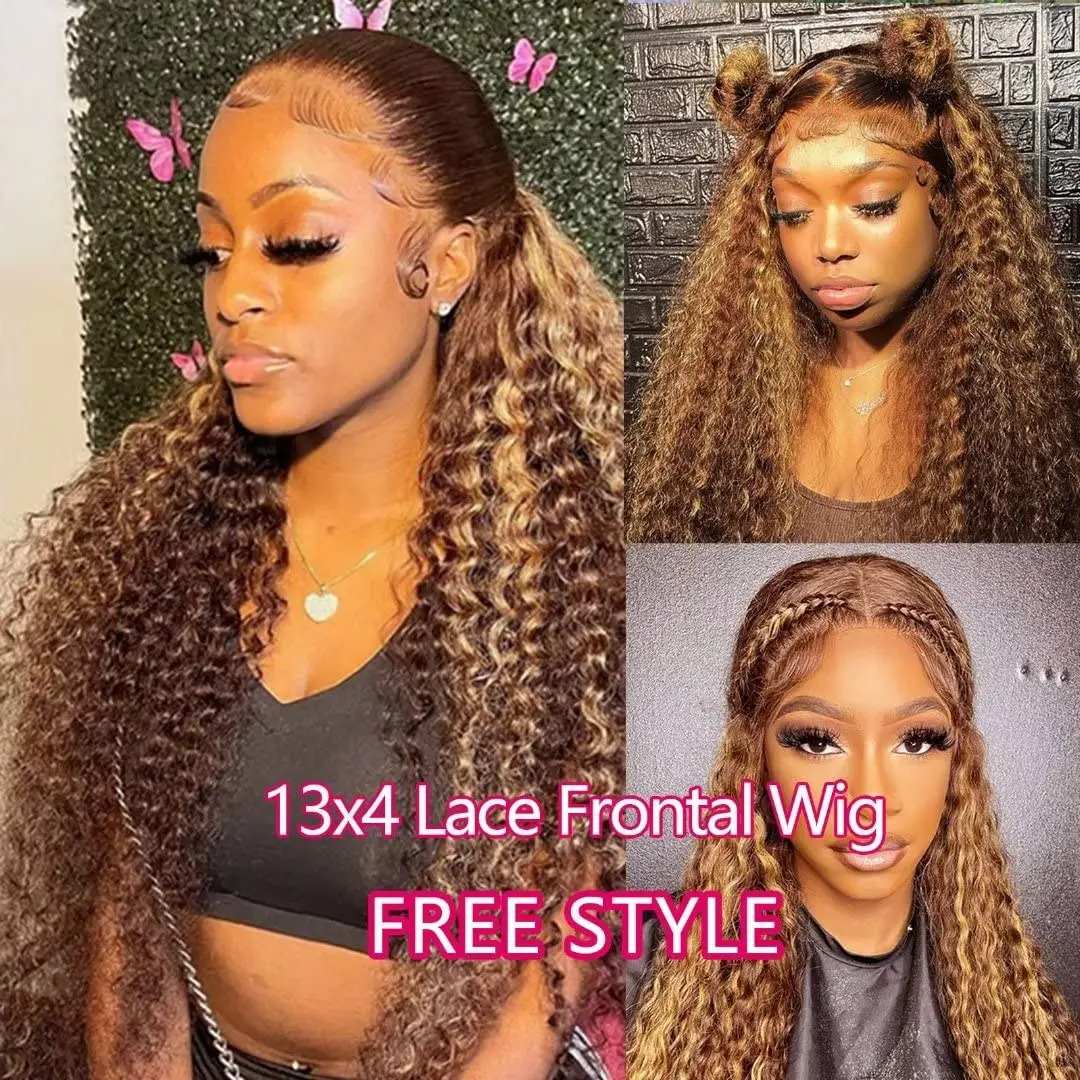 13x4 Lace Frontal Wig HD Curly Highlight Deep Wave Glueless Ready To Wear 180% Ombre 13x6 Lace Front Human Hair Wigs
