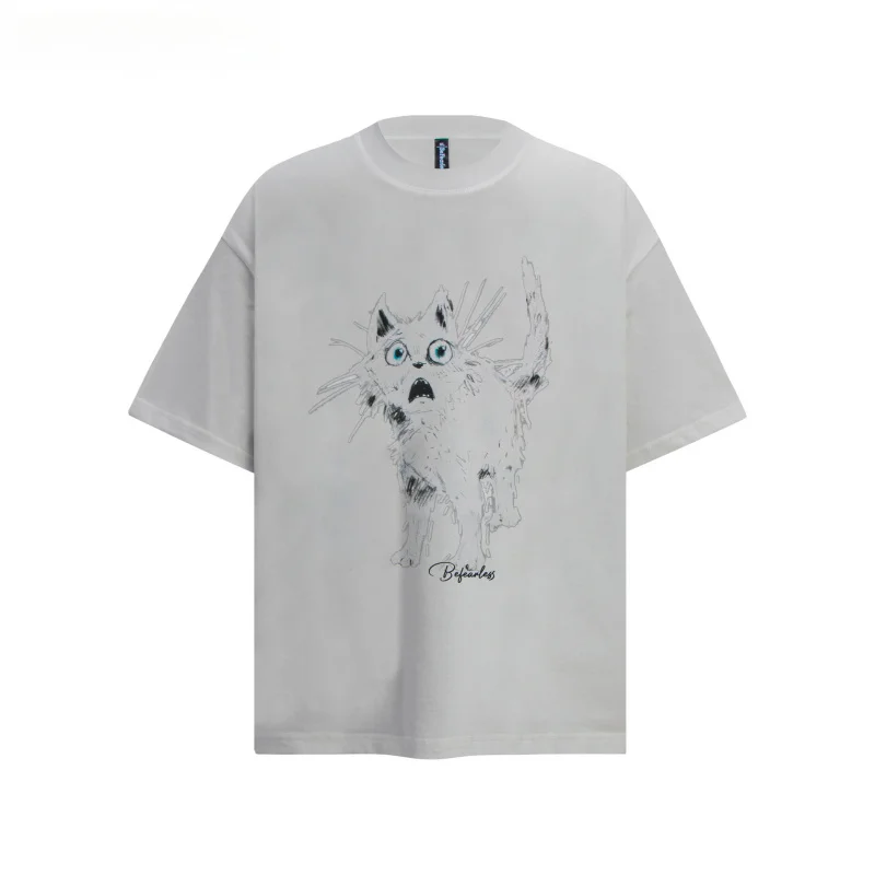 Vintage Cute Surprised Cat Graphic T Shirt Men Oversized Cotton Tee Streetwear Loose Fit Summer Casual Unisex Couple Hip Hop Top