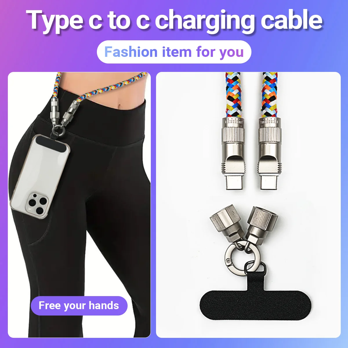 

NADODO Fashion Phone Lanyard PD 60W Charging Cable Tpcy-c To C Zinc Alloy Lock Halter Neck Wrist for Mobile Phone Accessories