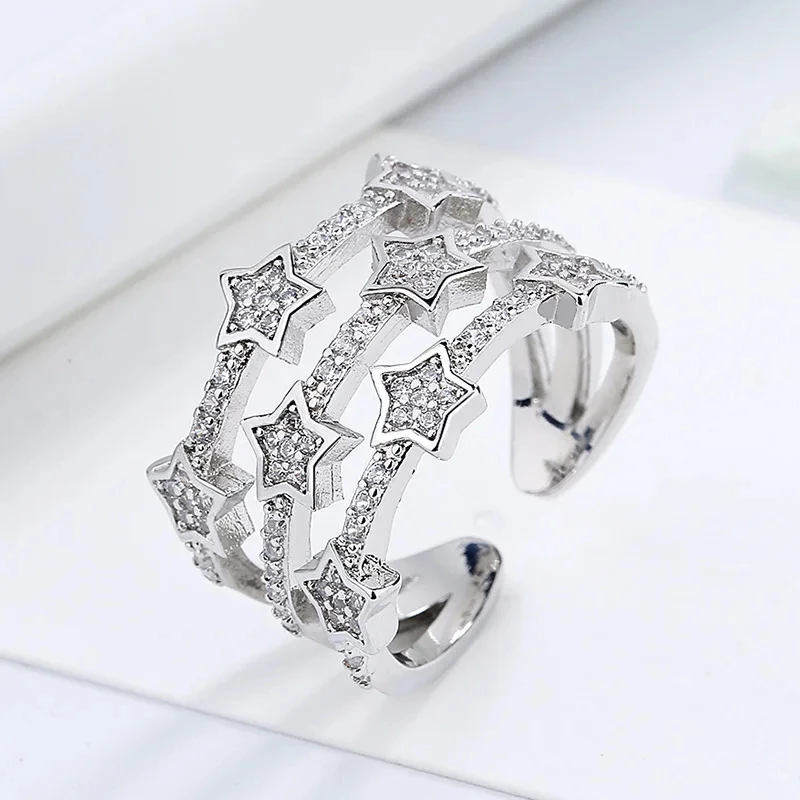 

Real 925 Sterling Silver Multi-Layer CZ Zircon Star Open Adjustable Rings For Women Girls Wedding Party Fashion Jewelry Gifts