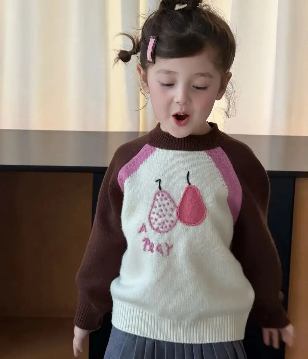 

Детская одежда, свитер для девочек, вязаные толстовки с милой фруктовой вышивкой, шерстяной свитер для мальчиков и девочек, зимняя одежда для детей