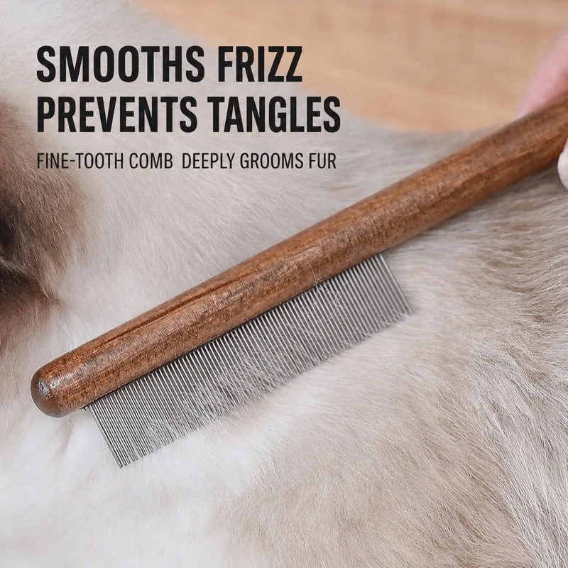 Wooden handle pet metal comb, suitable for grooming cats and dogs. It can remove loose hair, tangles and hairballs.