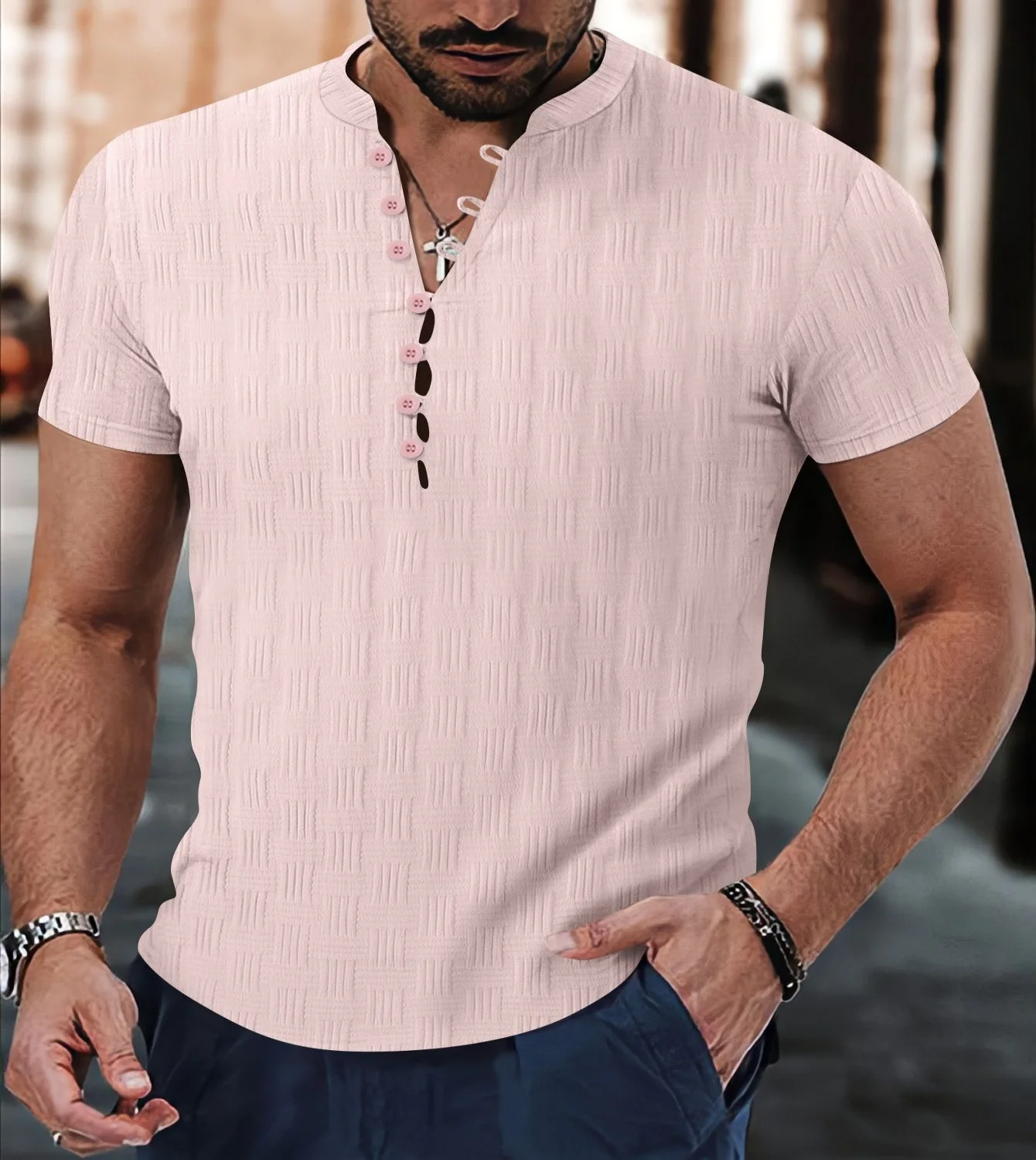 

Men's casual jacquard shirt. Fashion POLO shirt stand collar summer muscle men 7-button sports short-sleeved pullover