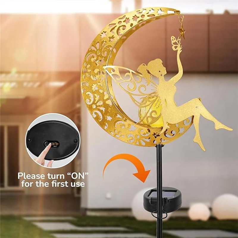 AB33-Solar Garden Lamp Statues Outdoor Decor, Fairy Moon Figurine Light Stake, Housewarming Ornament For Patio, Lawn, Yard Durab