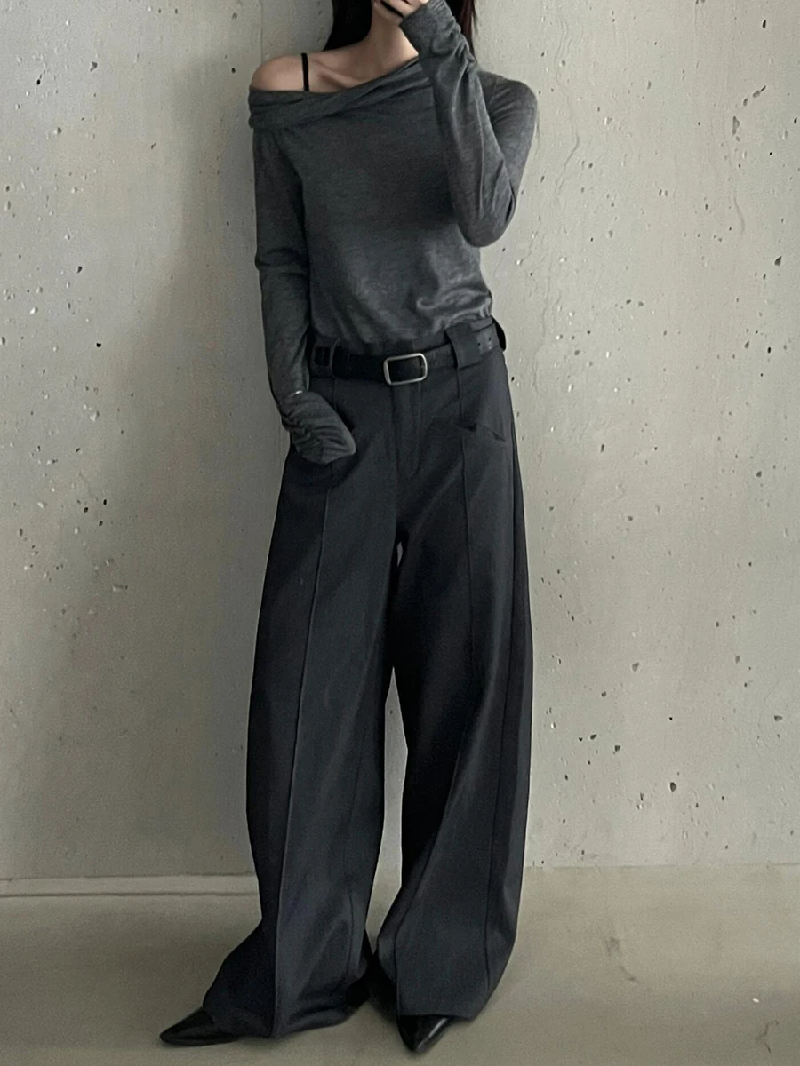 PBAP خمر جيوب المرقعة دعوى بنطلون المرأة عادي فضفاض مطوي واسعة الساق عالية الخصر ثنيات السراويل مكتب ملابس كاجوال #4