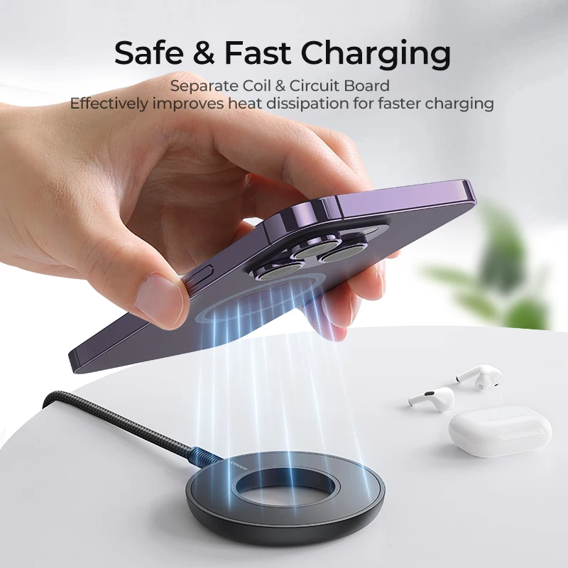 Joyroom Magnetic Wireless Charger Fast Wireless Charging Compatible with iPhone 16 15 14 13 12 Works with USB-A & USB-C Chargers - Detail 1