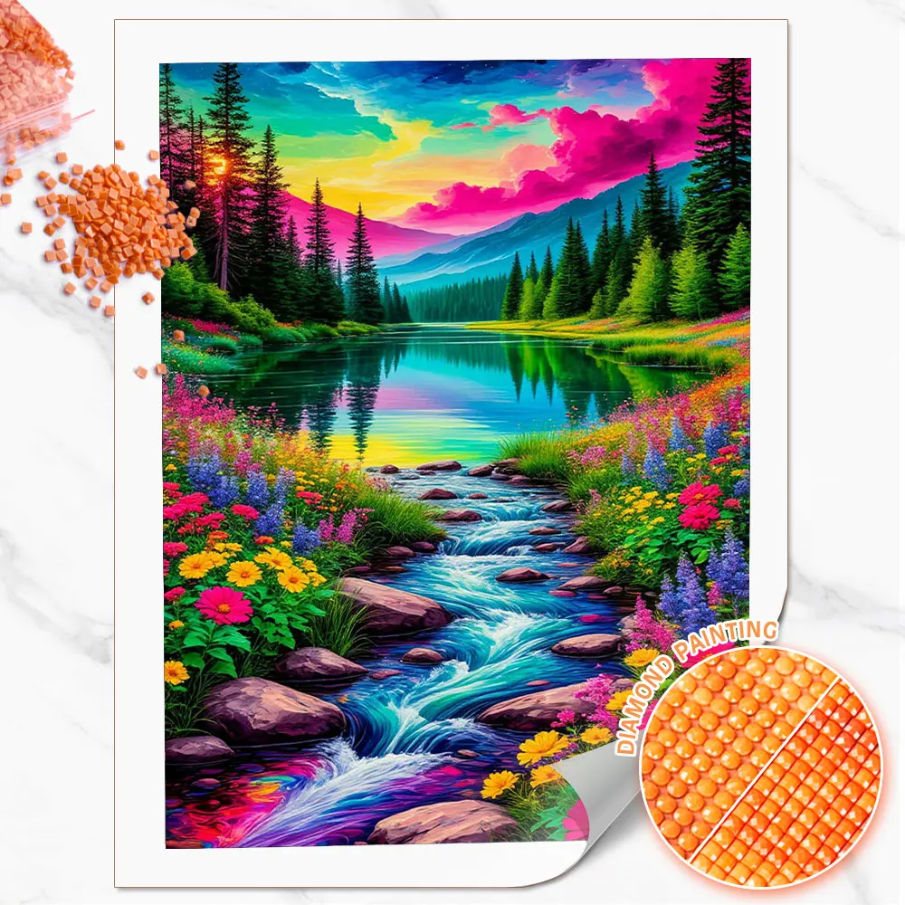 Huacan 5D DIY Diamond Painting Rainbow Stream Flower Sea Mountain Forest Diamond Embroidery Landscape Complete Kit Handmade Gift