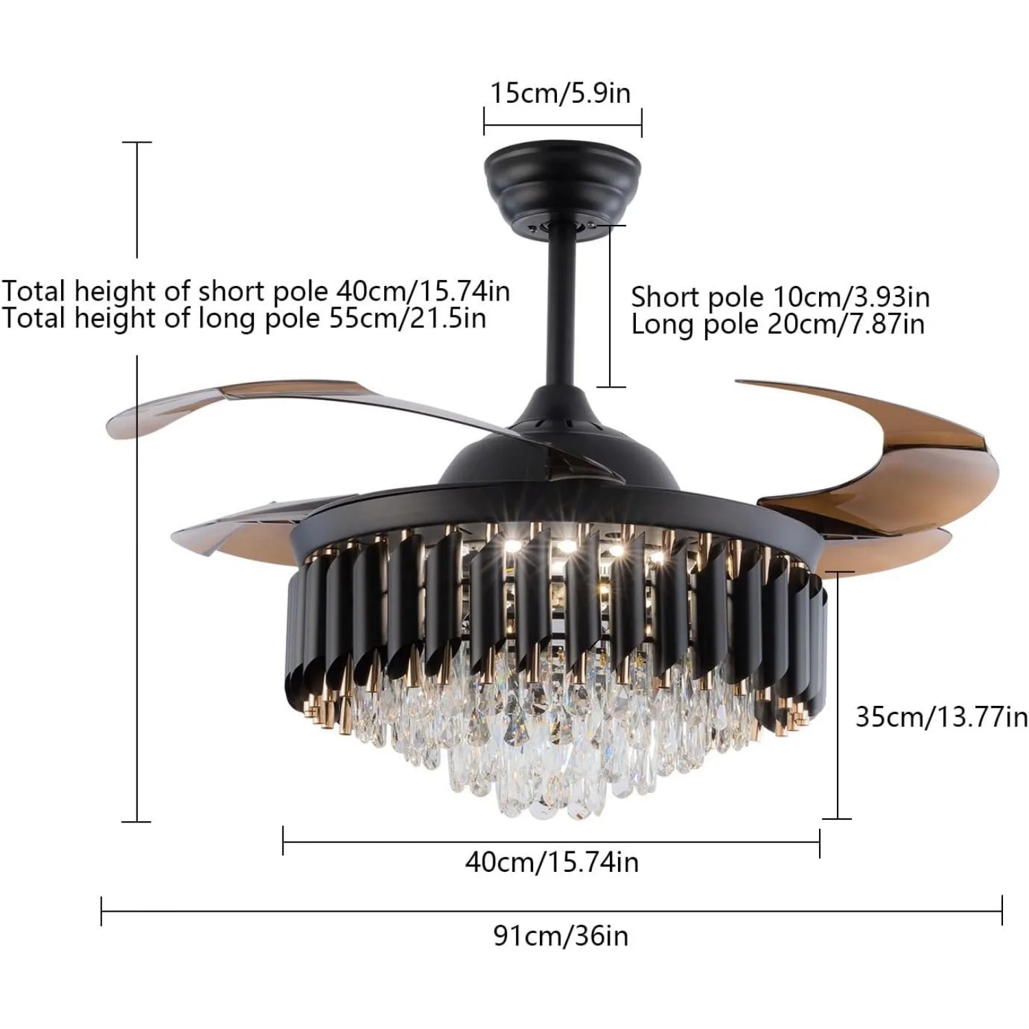 Ceiling Fans with Lights and Remote Downrod Mount Crystal Fan light w/ Adjustable 6 Gear Wind Speeds & time (1/2/4H) (Black)