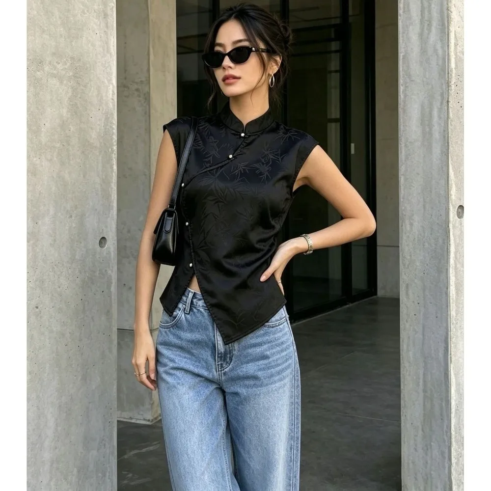 Elegant Asymmetry Hem Blouse Top Side Placket Stand Neck Sleeveless Shirt Frog Button Jacquard Weave Mandarin Collar Office Look