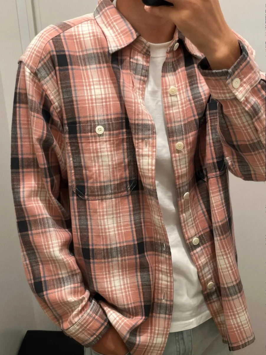 

American Retro Plaid Long Sve irt Men's Spring Autumn Casual Loose irt Jaet Couple Cleanfit Youth Faion Classic