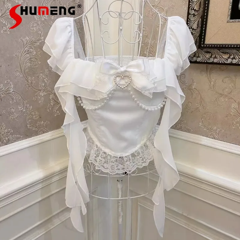 

Japanese Lolita Camisole Mermaid Princess Bow Pearl Chain Lace Edge Irregular Streamer Navel Short Top With Chest Pad Strap Vest