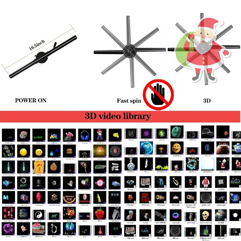 3D Hologram Fan with Remote/Bluetooth/ Holographic Fan with HD LED 1024*640PX Resolution Picture Fan Spinner Small for Shop/Bar