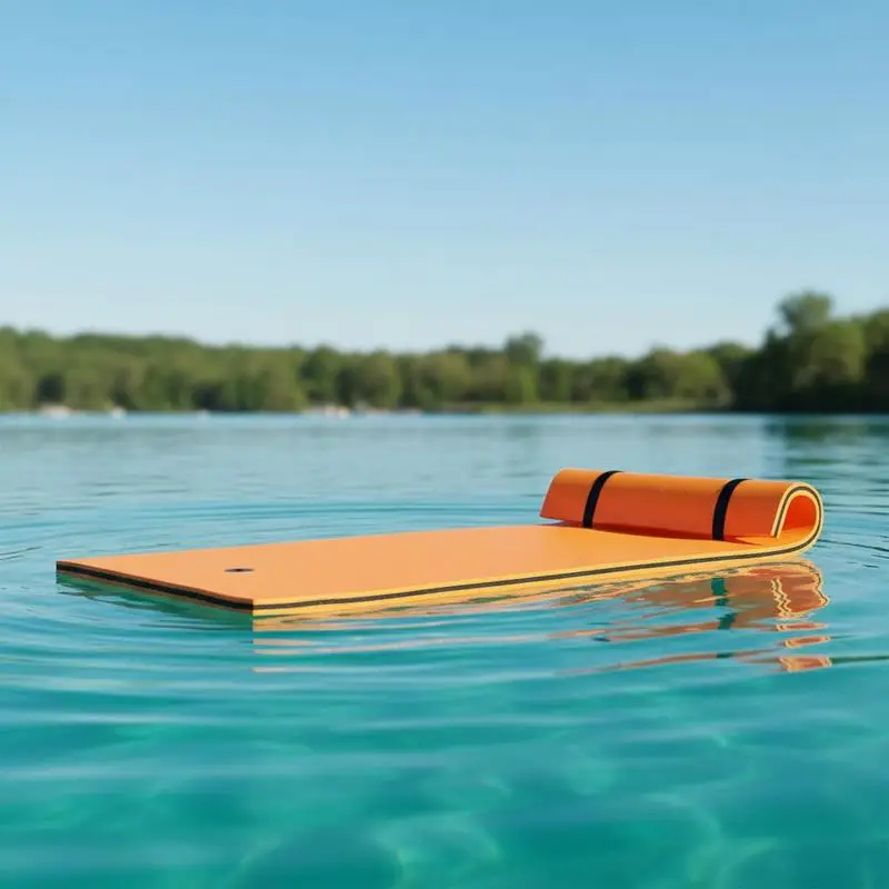 Tapis flottant orange 3 couches mousse XPE anti-déchirure, flotteur avec appui-tête intégré, ancrage par liens fourni. Léger et pliable, supporte 100 kg, utilisable sur piscine, lac et plage.