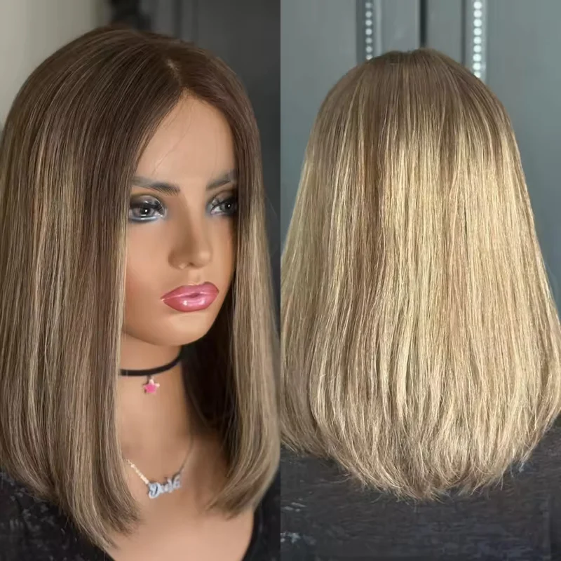 Ombre Blonde with Brown Highlight Bob Wig 100% Human Hair Lace Front Wigs 12inch