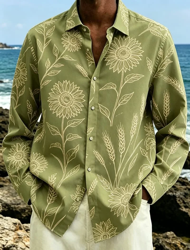 Men's tropical element line drawing printed long sleeved shirt, for beach travel, vacation, and tropical casual style dressing