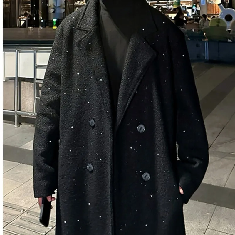 Shiny thick trench coat chic sequin autumn winter men's warm woolen coat casual double breasted long overknee woolen coat