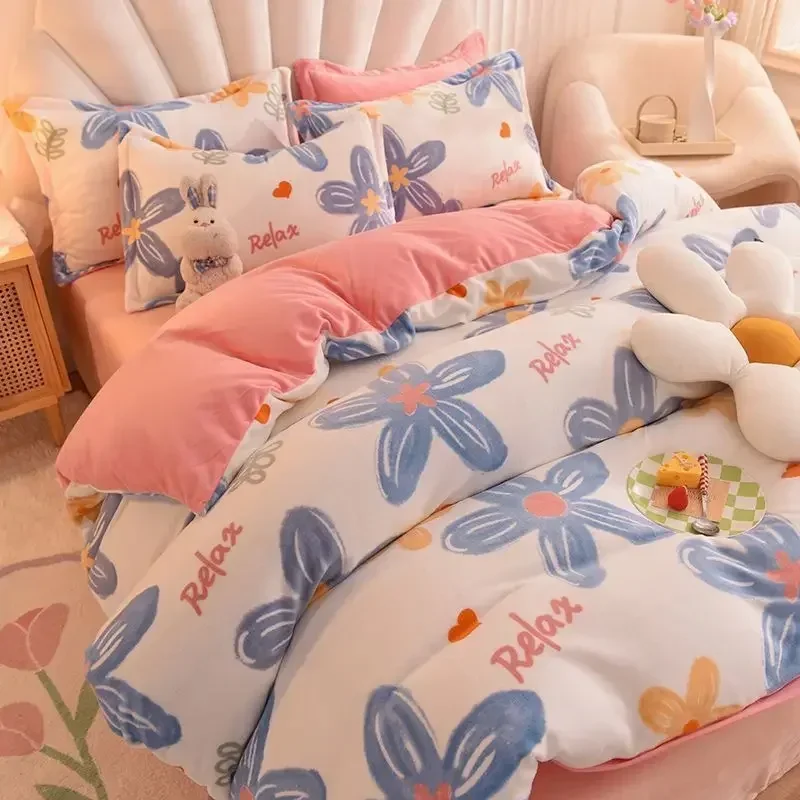 

Winter thick warm milk fleece 4-piece set of double-sided fleece duvet cover bedding dormitory 3-piece set of fleece sheets