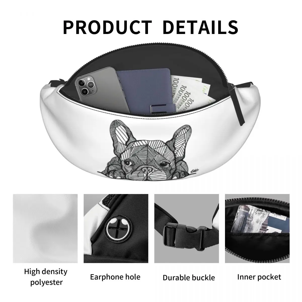 Casual French Bulldog Puppy Fanny Pack for Travel Hiking Women Men Frenchie Dog Lover Crossbody Waist Bag Phone Money Pouch