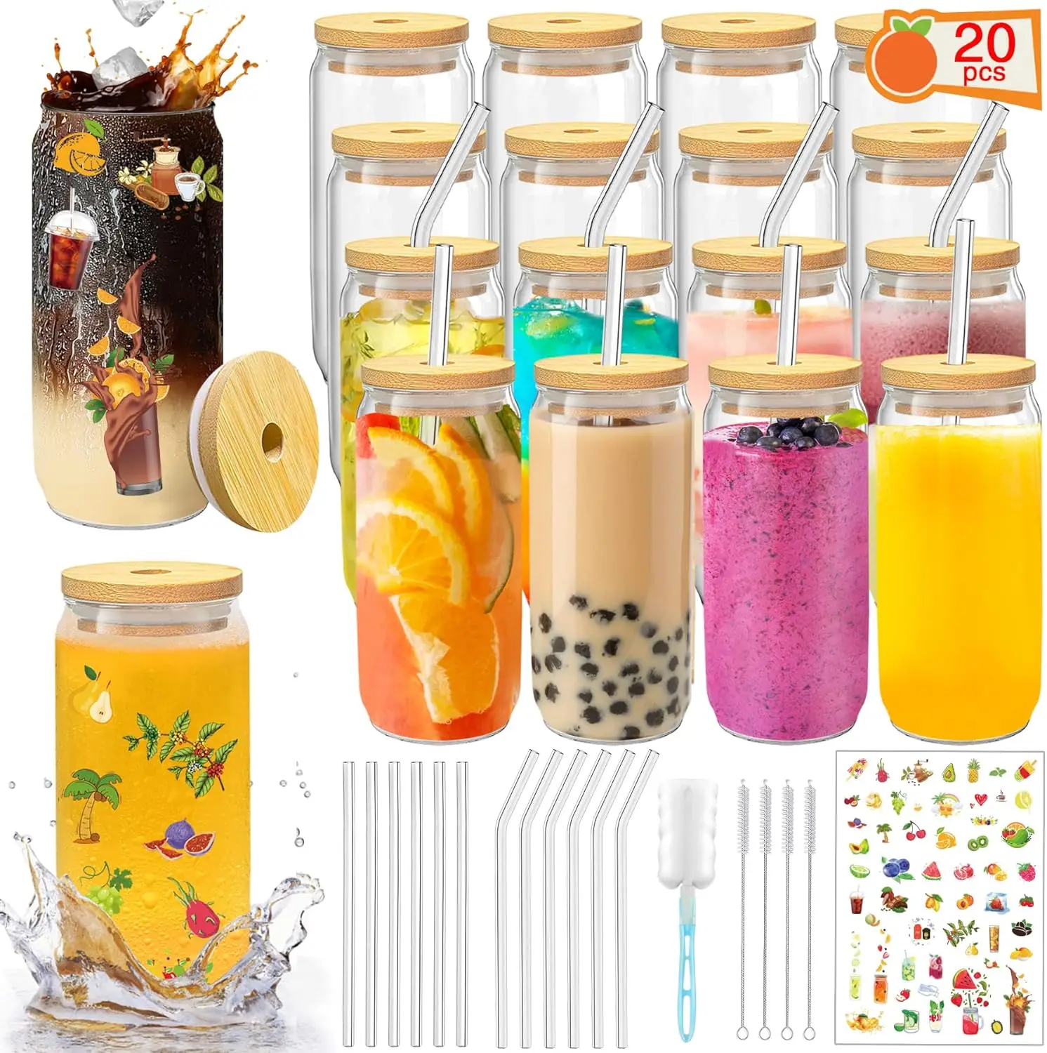 

20 Pcs 16 oz Reusable Glass Cups with Bamboo Lids and Straws, Ideal for Smoothies, Coffee, and Beverages