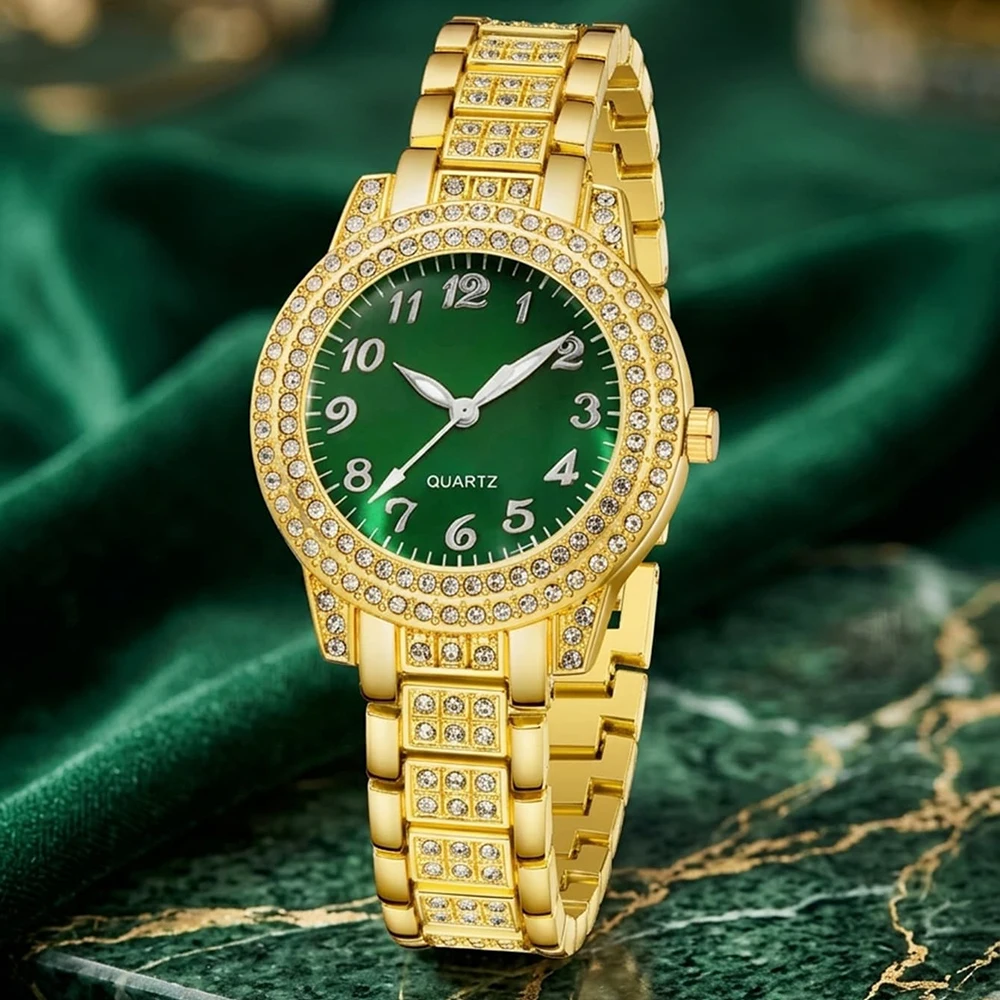 5Pcs/Set Unisex Jewelry Watches Women's Wristwatch Accessories Gold Green Fashionable Elegant Trendy Classic Exquisite Rhinestone Luxury Quartz Watch Y2K Party Gathering Daily Wear Birthday Holiday Gift Travel Vacation