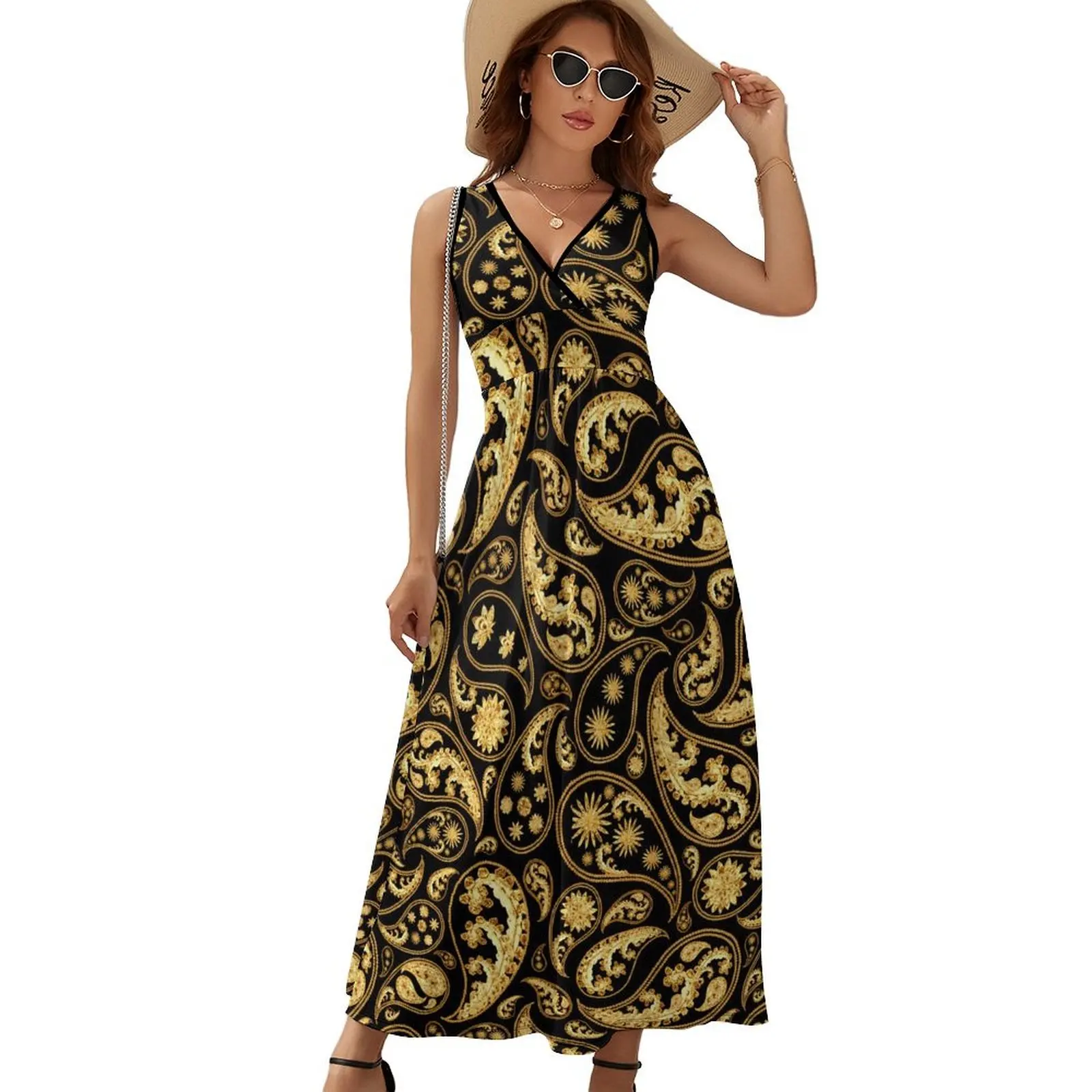 

Traditional Paisley Dress Vintage Print Sexy Maxi Dress V Neck Custom Boho Beach Long Dresses Streetwear Oversized Clothes