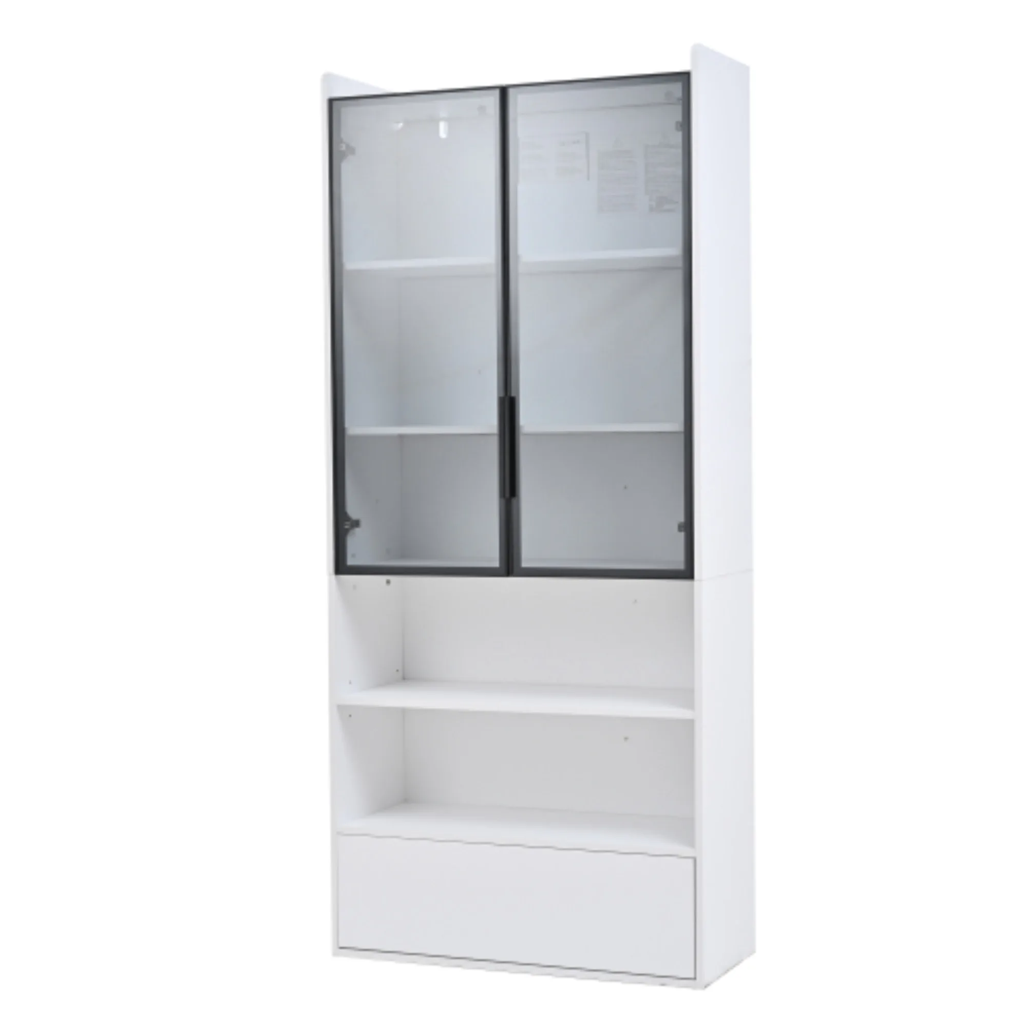 Vitrine 80x34x180 cm, meuble de rangement haut avec 1 tiroir et portes vitrées, éclairage LED, section ouverte, blanc