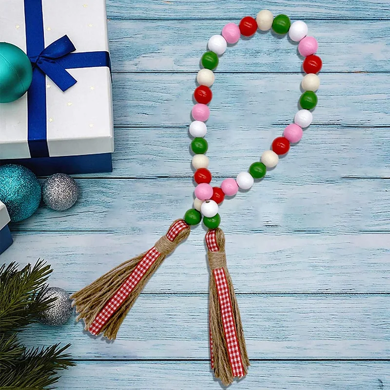 4 Pcs Watermelon Wood Bead Garland With Tassels-Rustic Garland Prayer Boho Beads For Summer Country Style Fruit Themed