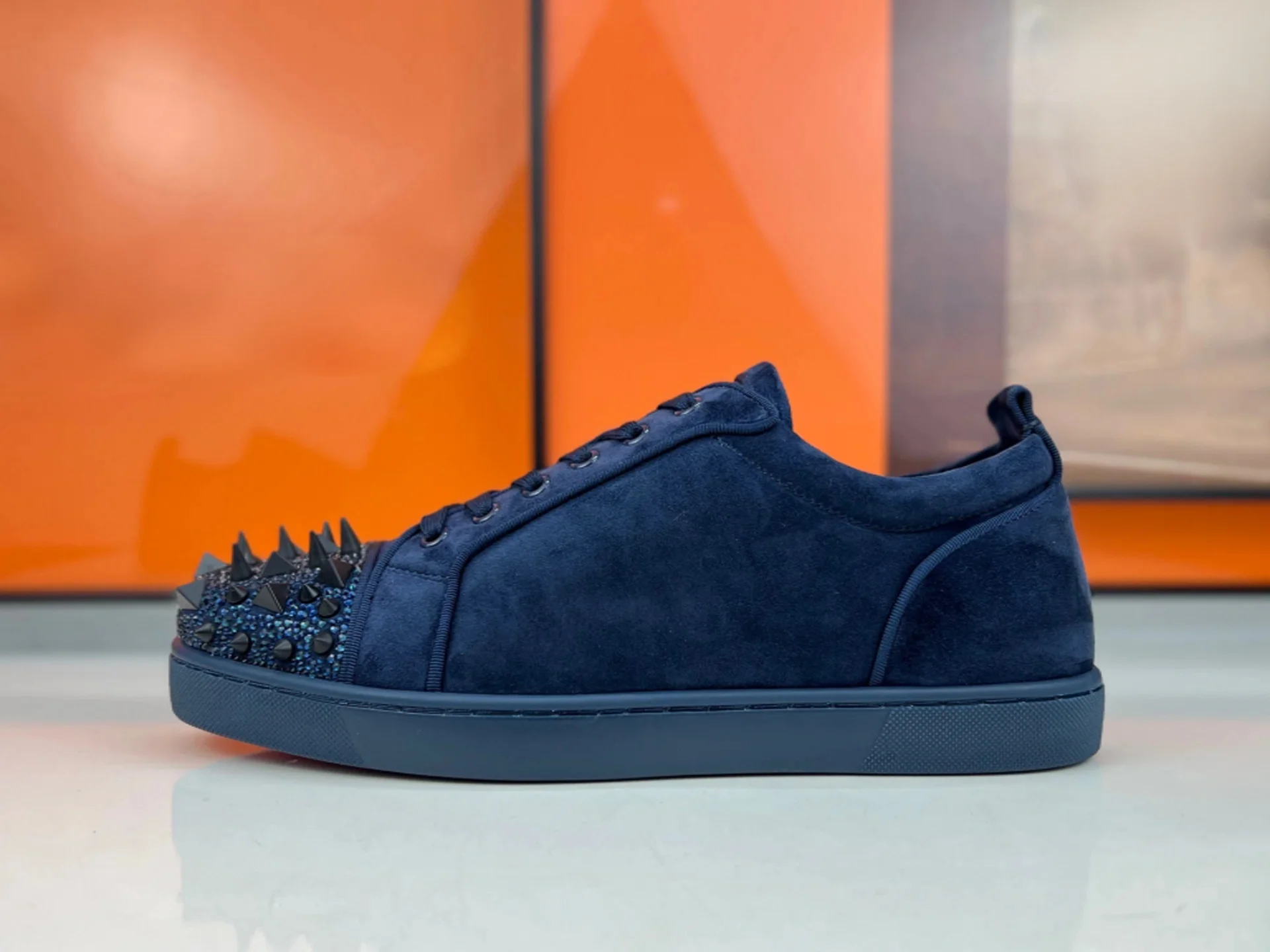 Men's Low Top Blue Suede Leather Rhinestone Messy Rivets Toe Lace Up Loafers Red Bottom Casual Skate Walking Footwear Boat Shoes