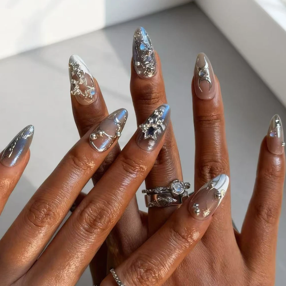 

Rhinestone Metal Bead Alloy Stars Silver Lines Polarized Nail Art Chic False Nails Detachable Finished Fake Nails Press on Nails